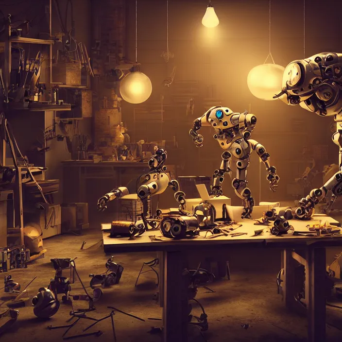 Image similar to crew of robot workers building giant mouse movie prop head in quaint workshop, octane render, 4 k ultra hd, hyper - detailed, realistic, seedy lighting, sharp focus, in style of beeple