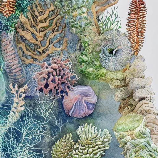 Prompt: delicate coast sea garden on paper, spirals, stony, puffy, vines, botanical herbarium, botanic watercolors, iridescent, 8 k wide angle, realistic shaded, fine details, artstation, italian, rainbow, colonnade, oak, pinecone, pomegranade, vines, gardena architecture, pompeian, sicilian