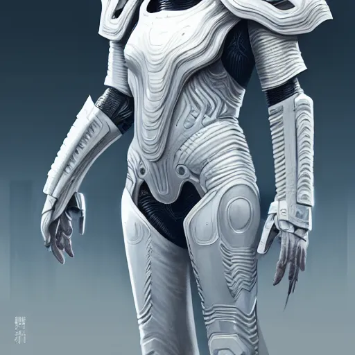 Image similar to white armor, sci - fi, techwear, intricate, elegant, highly detailed, digital painting, artstation, concept art, smooth, sharp focus, illustration, by bartek fedyczak, erak note, tooth wu, neil richards, kan liu, siwoo kim, jisu choe