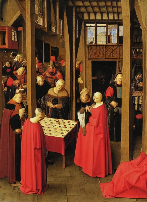 Image similar to date at the crowded medieval inn. Medieval painting, by Jan van Eyck