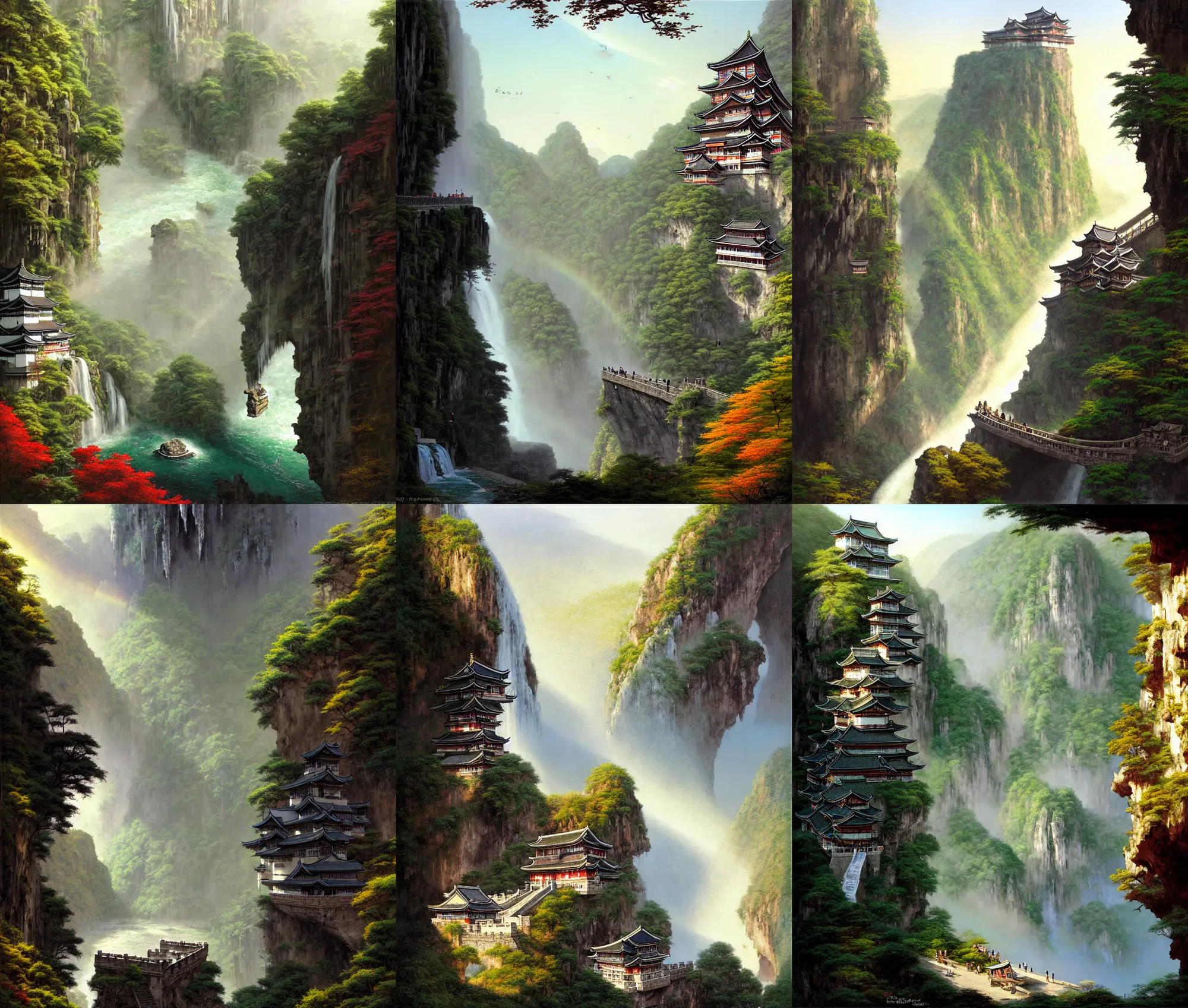 Prompt: establishing wide shot inside han son doong with waterfalls on either side of the cliff walls, at the top of the cliff is a japanese castle, a cloister is built into the cliff walls, an old suspension bridge spans the walls, sunny morning light, sunbeam, saturated colors, detailed digital concept art by greg rutkowski and gerald brom and canaletto