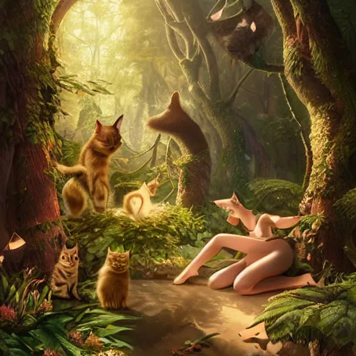 Image similar to a fairytale forest full of cats, light and shadow, by Gil Elvgren and artgerm, WLOP, Felix Kelly and Greg Rutkowski and Gerardo Dottori, high detail, precision detail