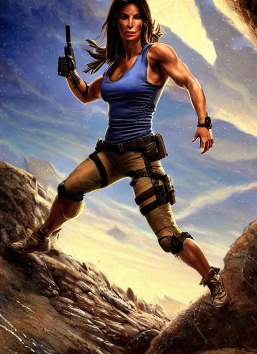 Image similar to muscled Sandra Bullock as Lara Croft as a ruggedly handsome heroine looking directly into the camera, jumping off a glowing artifact lodged in shallow blue glowing water, intricate, elegant, highly detailed, artstation, concept art, smooth, sharp focus, illustration, bokeh art by artgerm and donato giancola and Joseph Christian Leyendecker, WLOP, fireflies, distant snowstorm and thunder