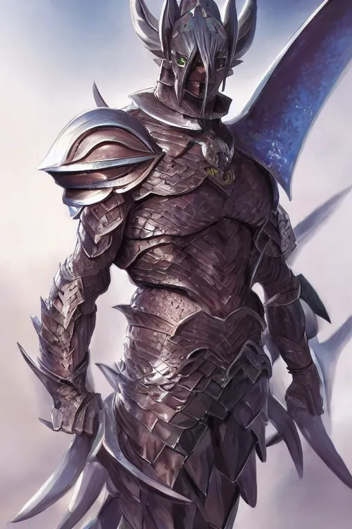 Image similar to Full body character concept art of an anime draconian warrior knight, iridescent scales, cool face, muscular, by Stanley Artgerm Lau, WLOP, Rossdraws, James Jean, Andrei Riabovitchev, Marc Simonetti, and Sakimichan, tranding on artstation