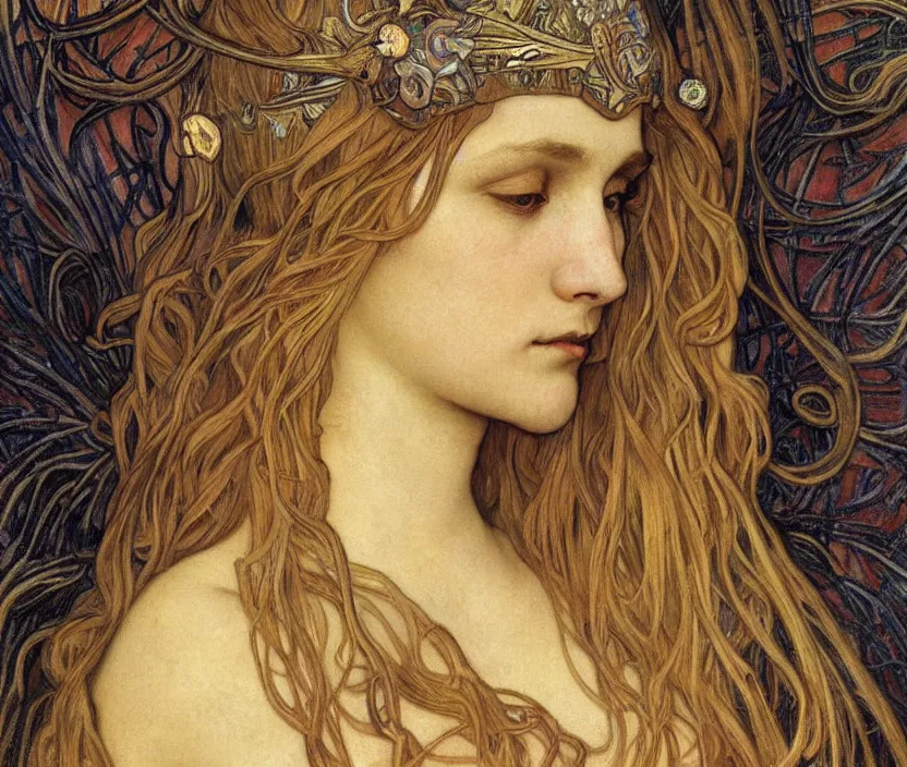 Image similar to detailed realistic beautiful young medieval queen face portrait by jean delville, alphonse mucha, vincent van gogh, and marco mazzoni, art nouveau, symbolist, visionary, gothic, pre - raphaelite