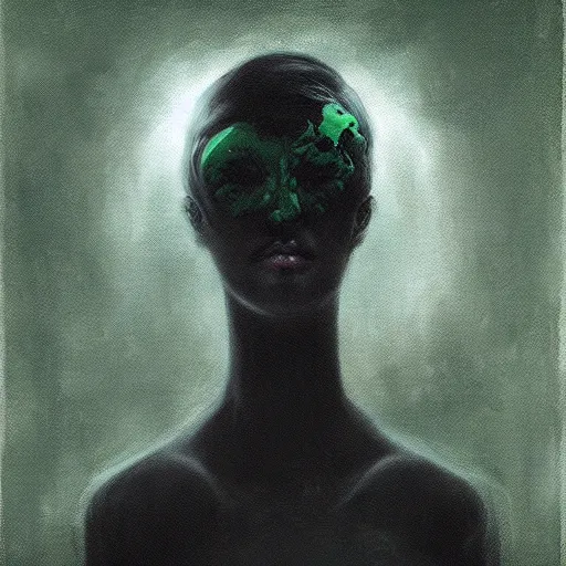 Prompt: sad man, half of face is gone, green and black, despair, by Anato Finnstark, Tom Bagshaw, Brom