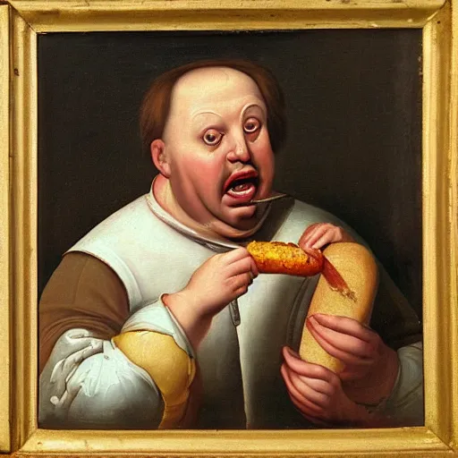 Prompt: a renaissance oil painting of a man eating way too many hotdogs, his stomach is distended, his expression is pure elation, high art, 8 k