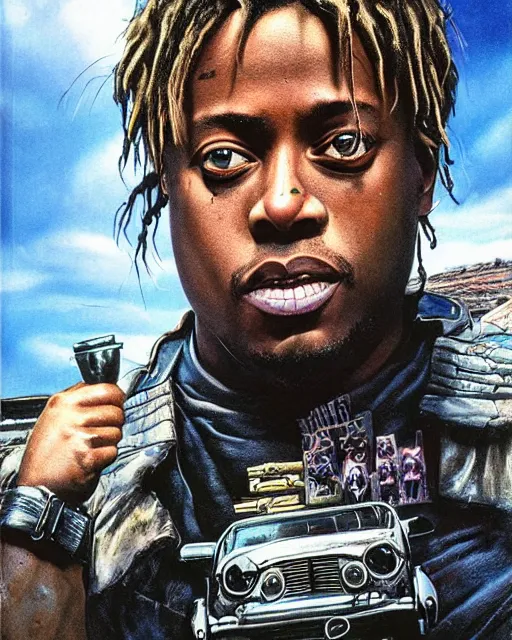 Prompt: juice wrld in dystopian raider mad max post apocalpytic, airbrush, drew struzan illustration art, key art, movie poster