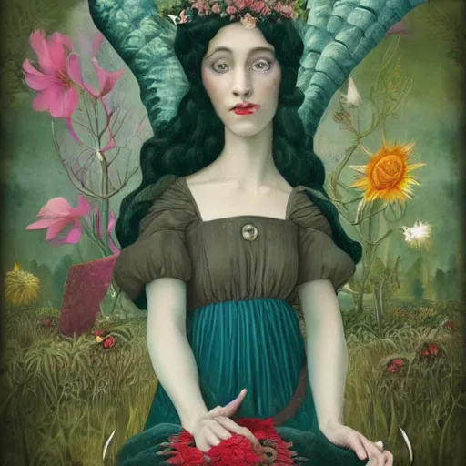 Image similar to a detailed portrait of young woman in renaissance dress and a surreal renaissance headdress, very surreal garden, cyberpunk, surreal tea party, strange creatures, by christian schloe and botticelli, naotto hattori, amy sol, roger dean, moody colors