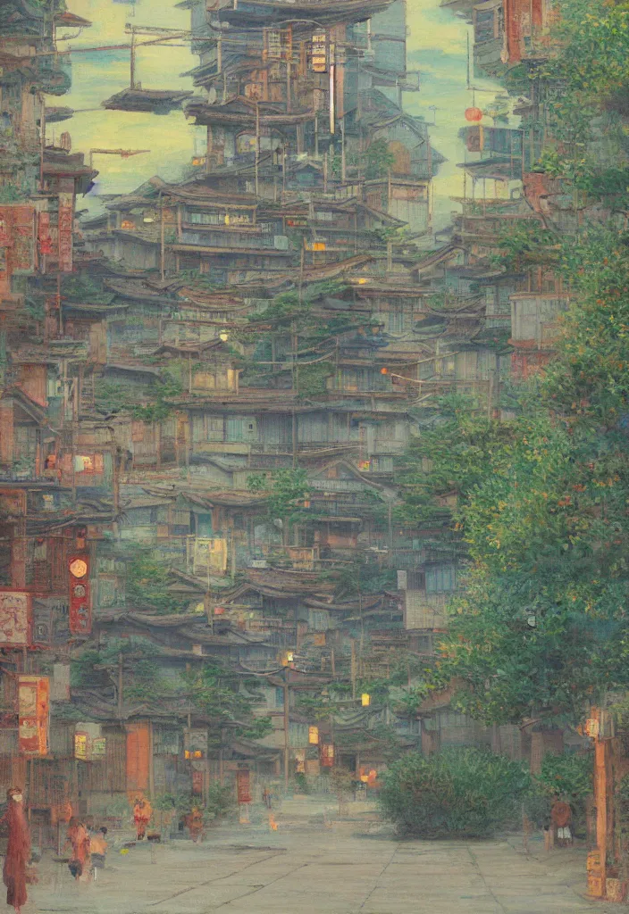 Image similar to a beautiful japanese city near the sea, amazing ryokans and gorgeous edo era houses, epic cyberpunk, lofi vibe, colorful, vivide colors, amazing light, really beautiful nature, oil painting in impressionist style, by jeremy lipkin, by claude monet, by makoto shinkai, multiple brush strokes, inspired by ghibli, masterpiece, beautiful