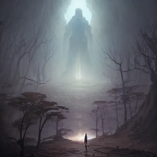 Prompt: stone humanoid colossus by grzegorz rutkowski and richard wright and peter mohrbacher and dan scott, atmospheric haze, stormy, forest, tiny woman in cloak in foreground silhouette, large scale