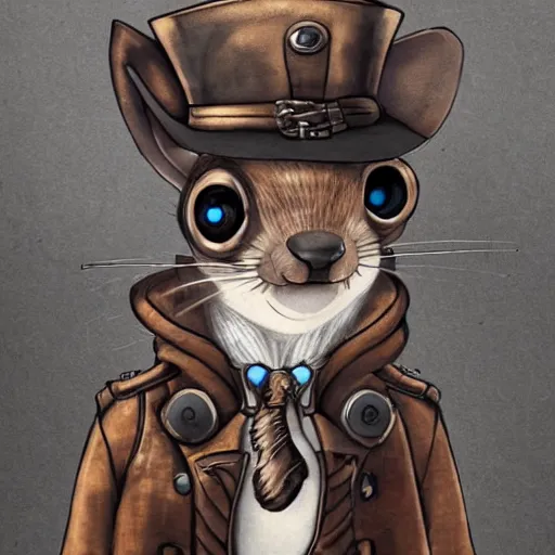 Prompt: steampunk squirrel looking evil into the camera, artistic background, trending on artstation, highly detailed