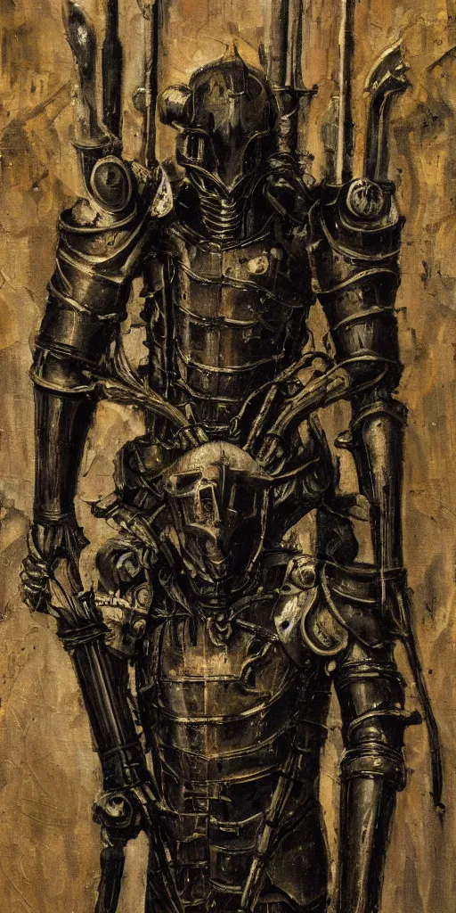 Prompt: a sinister loose brushwork photograph of a dieselpunk knight by h. r giger in the style of renaissance art, 8 k