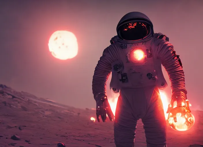 Prompt: still of satanic unholy astronaut wearing a space suit during the first space mission in world war one, mars setting, devilpunk, concept art, artstation, stephen bliss, unreal engine, game screenshot