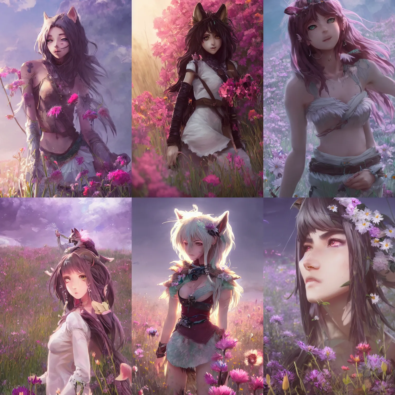Prompt: A high fantasy wolf girl standing in the middle of the field of flowers, by Eddie Mendoza, Lo-Fi Girl style, light anime-ish, cinematic face close up, official media, beautiful, detailed, high quality, wallpaper 4K, epic, trending on artstation and behance, dynamic lightning