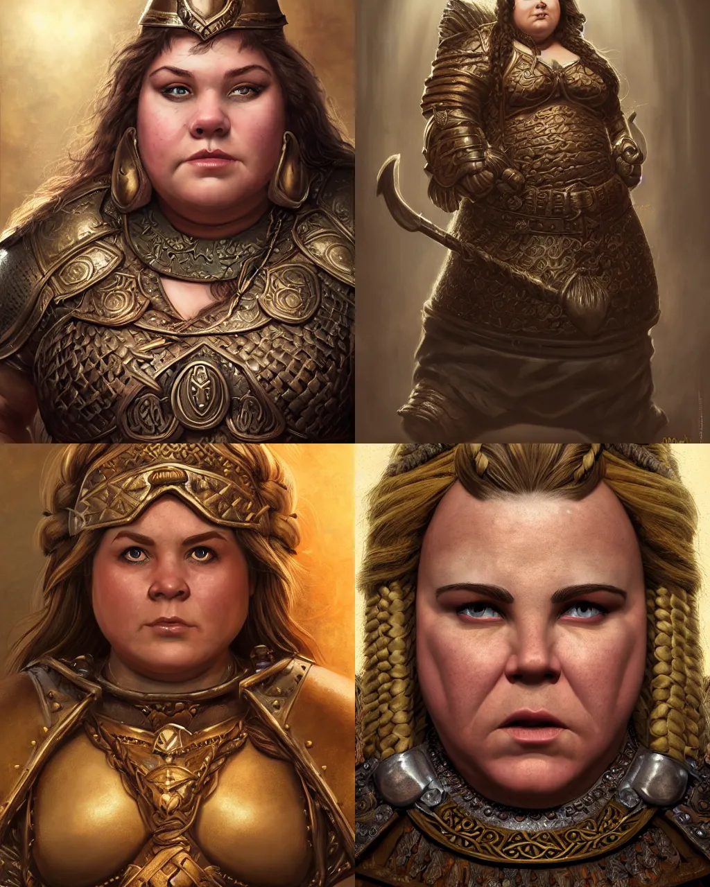 Prompt: portrait, chubby female dwarf queen, bronze dwarven breastplate, complex braided hair, regal and proud robust woman, bold serious expression, big nose style by jeff easley, wayne reynolds, jeff easley dramatic light, high detail, cinematic lighting, artstation, dungeons and dragons, throne room,