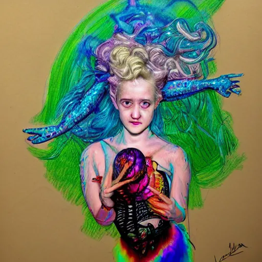 Image similar to surrealism psychedelic portrait sketch of julia garner as delirium of the endless in fishnet top and rainbow tutu skirt from the sandman, floating goldfish, green and blue eye heterochromia by alex ross, josh kirby, detailed, elegant, intricate