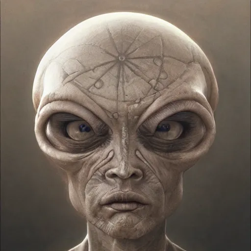 Prompt: a closeup of an alien with a pentagram etched into it's forehead, beksinski, dariusz zawadzki, symmetrical, very coherent symmetrical artwork, cinematic, hyper realism, high detail, octane render, 8 k