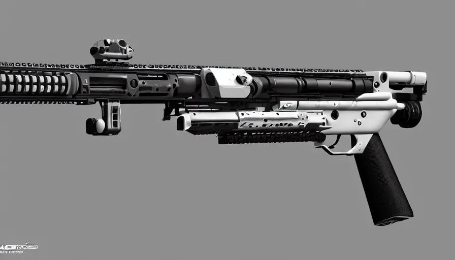 Prompt: extremely detailed ultra realistic photographic side view ultra minimalist assault rifle coilgun, detailed trigger, chemically propelled, electric, smooth streamline, elegant sleek smooth body, white paint, battery and wires, railgun, chemrail, gauss, smooth utopian design, ultra high quality, octane, cod, destiny, warframe, terminator