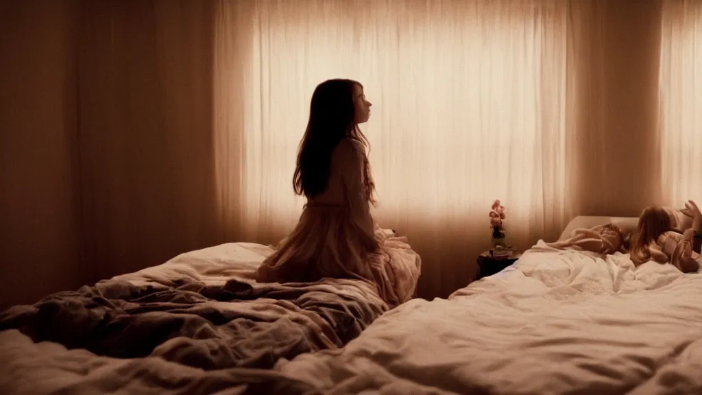 Image similar to movie still of girl having sleep paralysis, cinematic composition, cinematic light, criterion collection, by edgar wright and emmanuel lubezki