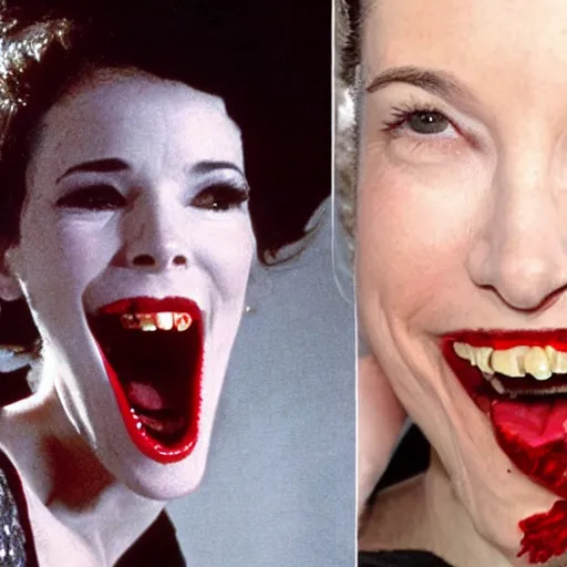 Image similar to parker posey as a vampire, baring her sharp teeth