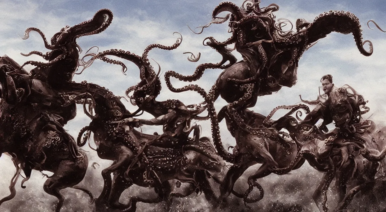 Image similar to an octopus riding a horse leading the charge, epic, John Carpenter