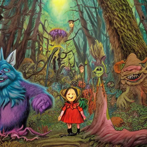Prompt: a scene of colorful cartoon monsters in the clearing of a dark fantasy forest surrounded by darkness. hyperrealist illustration. muted colors. 1 9 7 0's pulp science fiction and fantasy cartoon for alice in wonderland and wizard of oz. highly detailed and richly colored painting by don ivan punchatz