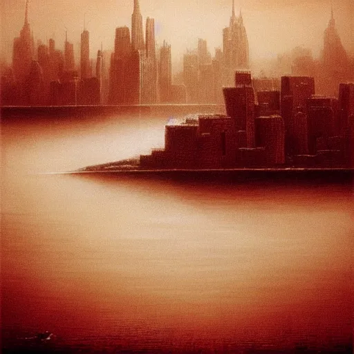 Prompt: “New York under water Zdzislaw Beksiński, photography, 8k resolution, highly detailed, HDR, golden hour”