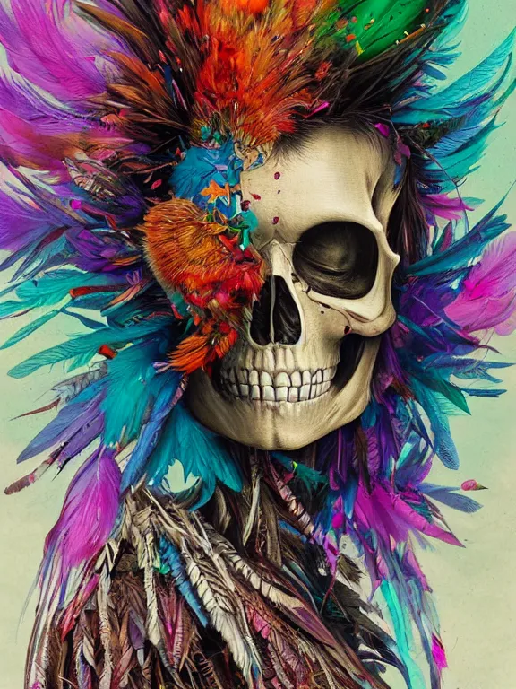 Image similar to art portrait of skeleton with colorful feathers exploding out of head,8k,by tristan eaton,Stanley Artgermm,Tom Bagshaw,Greg Rutkowski,Carne Griffiths,trending on DeviantArt,face enhance,hyper detailed,minimalist,full of colour