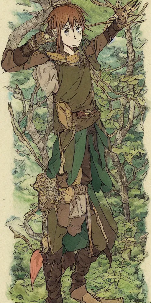 Prompt: an wood elf boy on the mountain side, anime style, tarot card, Tarot card the fool, fine line work, full color, earth tones, drawn by Hayao Miyazaki