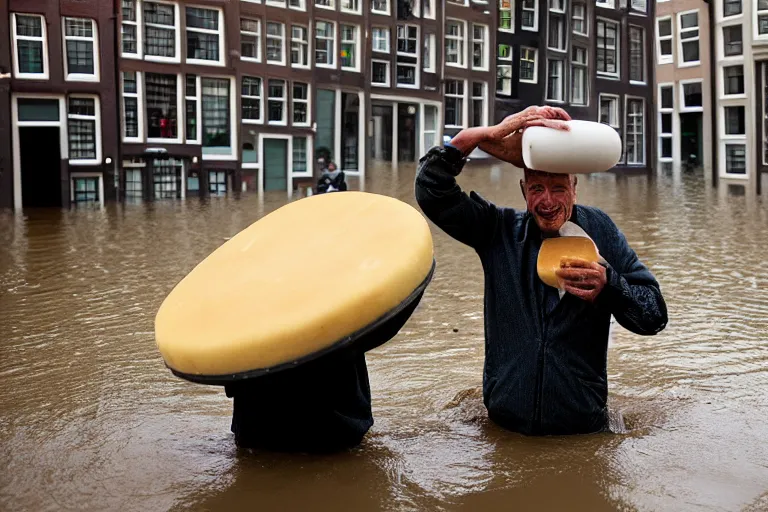 Image similar to closeup potrait of a man carrying a wheel of cheese over his head in a flood in Amsterdam, photograph, natural light, sharp, detailed face, magazine, press, photo, Steve McCurry, David Lazar, Canon, Nikon, focus