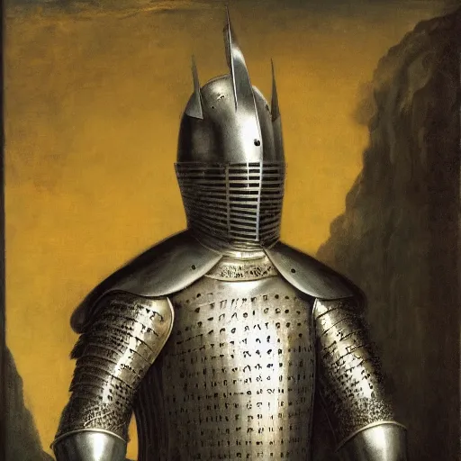 Prompt: the great knight stands in gleaming armor, baroque portrait
