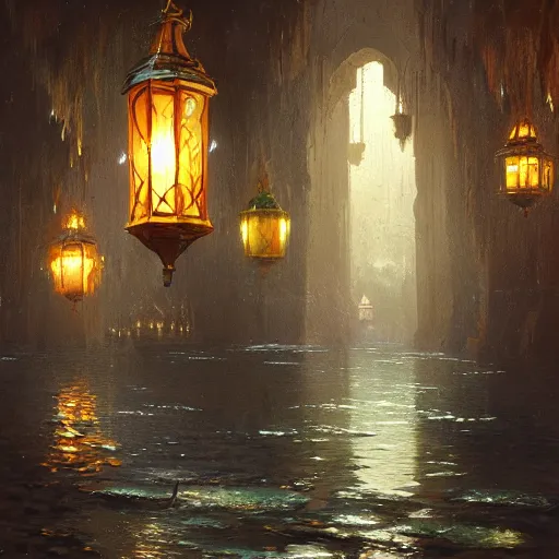 Image similar to concept art, water lanterns, high resolution, by james gurney, greg rutkowski, john howe, artstation