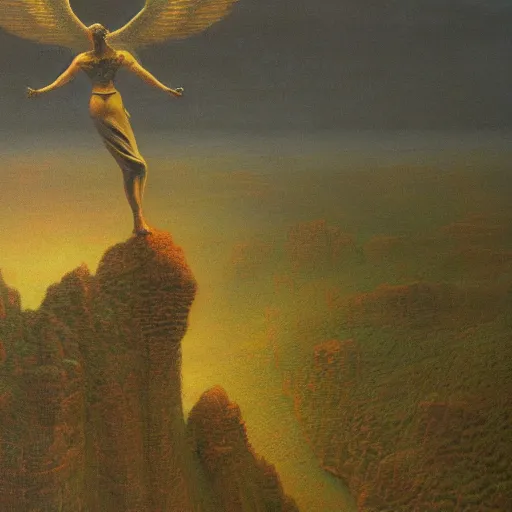 Prompt: a oil painting of a bibical angel over a fantasy valley, 4 k, high detail, by beksinski