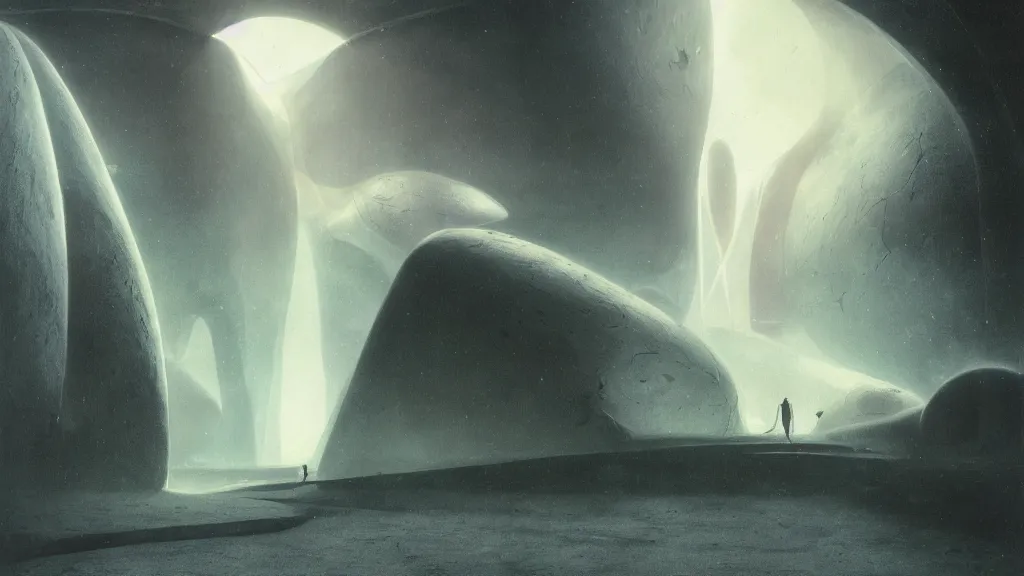 Image similar to otherworldly atmosphere of emissary space by arthur haas and bruce pennington and john schoenherr, cinematic matte painting buildings by zaha hadid and james turrell in the mountains with falling snow