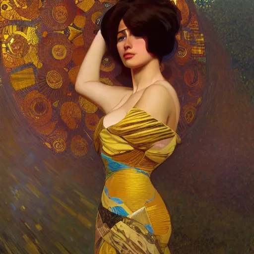 Prompt: modern women | hyperrealistic | action pose | digital painting | trending on artstation | pinup portrait | clean | illustration | dressed | Unreal Engine 5 | 8k resolution | by Greg Rutkowski Alphonse Mucha Gustav Klimt and Mel Ramos