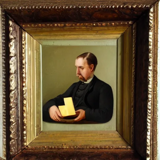 Image similar to victorian oil painting of a man with a piece of cheese for a head, 4 k, high octane
