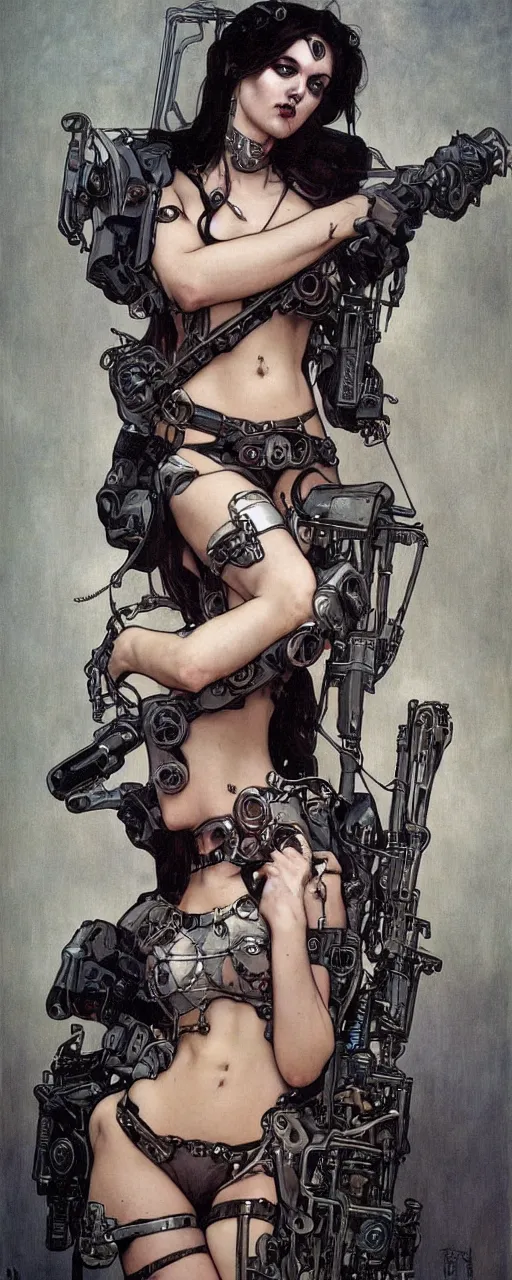 Prompt: striking sensual industrial art nouveau style portrait of cristina franco as a cyberpunk heavy metal rebel soldier by travis charest, simon bisley and alphonse mucha, photorealism, extremely hyperdetailed, perfect symmetrical facial features, perfect anatomy, ornate declotage, weapon, latex, excited expression, wild eyes