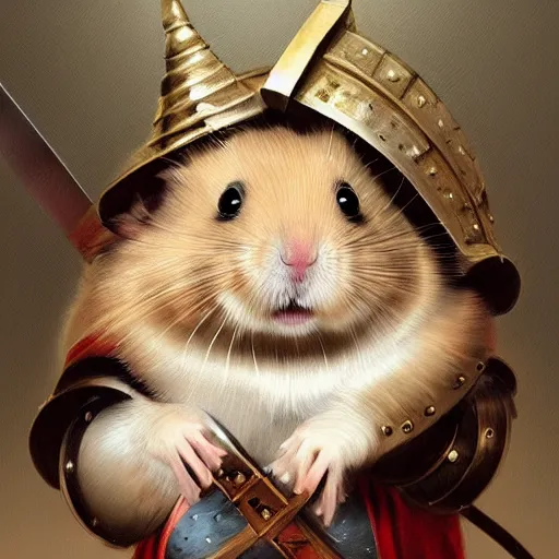 Prompt: A masterpiece portrait of a hamster holding a sword. Hamster is wearing a knights helmet. Very detailed. intricate, elegant, highly detailed. trending on artstation, digital art, by Stanley Artgerm Lau, WLOP, Rossdraws, James Jean, Andrei Riabovitchev, Marc Simonetti, Yoshitaka Amano