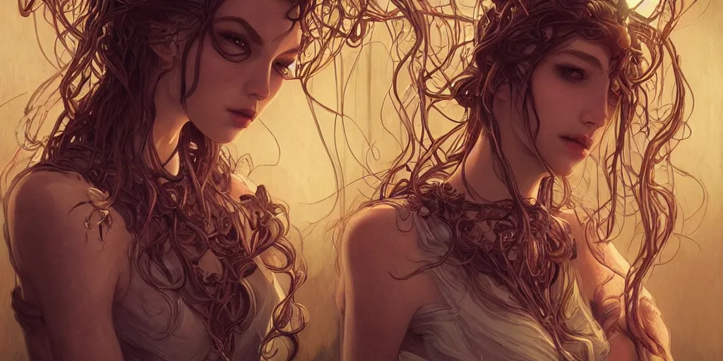 Image similar to scary plant people with tendrils, ominous, intense lighting, light beams, lens flare, intricate, elegant, highly detailed, digital painting, artstation, concept art, smooth, sharp focus, illustration, art by artgerm and serpentigena and alphonse mucha