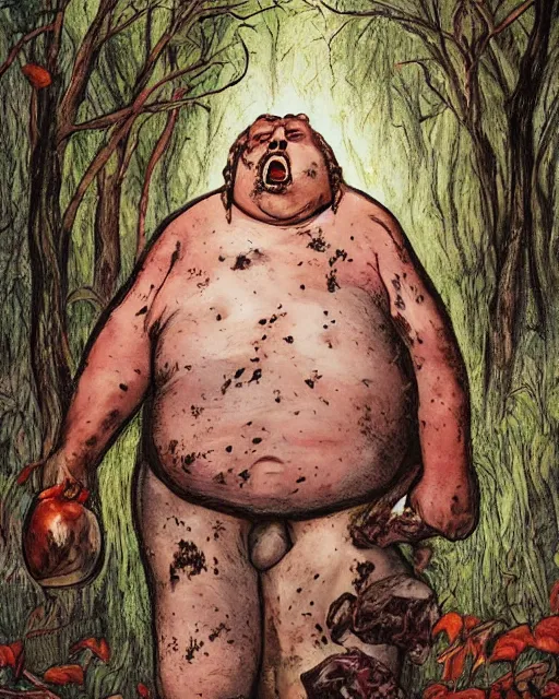 Prompt: highly detailed horror portrait of a morbid obese maked heavy butcher with meat cleaver in dark forest, evil aura