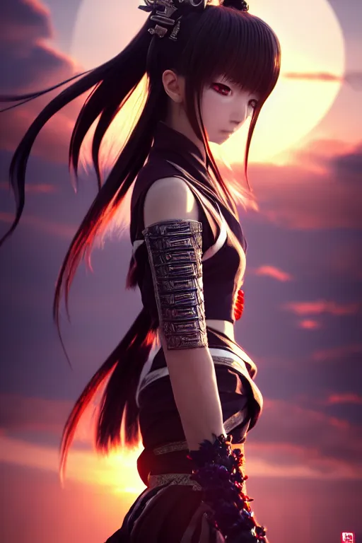 Image similar to anime key visual portrait / hyperrealistic detailed face by nixeu / ayanamikodon / greg rutkowski / tian zi, wuxia heroine, tzuyu form twice, wardrobe trending on dynasty warrior by wlop, heroine action pose sunrise, dramatic lights, soft lights, blur, 4 k octane render, artstation, pinterest, bokeh