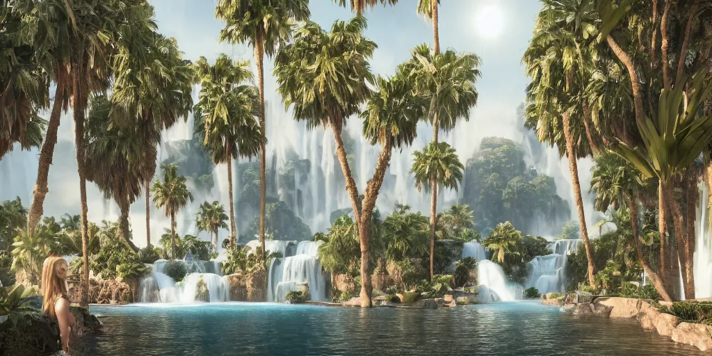 Image similar to beautiful oasis waterfalls surrounded by palm trees, moroccan tile archways, date trees, ivory towers, sun setting, ross tran, nephilim, pyroclastic flow, ethereal, fantasy, james jean, oozium, peter morbacher angelarium alchemy luxury heavenly light soft illumination, trending on artstation, cinematic lighting, digital painting, octane render, artgerm