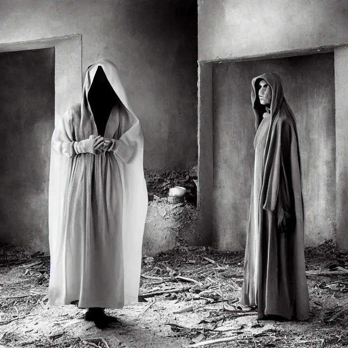 Prompt: closeup portrait of a woman wearing a cloak made of clouds, standing in a desolate abandoned house, by Annie Leibovitz and Steve McCurry, natural light, detailed face, CANON Eos C300, ƒ1.8, 35mm, 8K, medium-format print