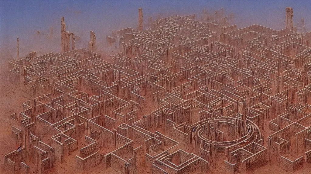 Image similar to atmospheric ancient ruins of a giant maze in the desert by beksinski and peter gric and bruce pennington