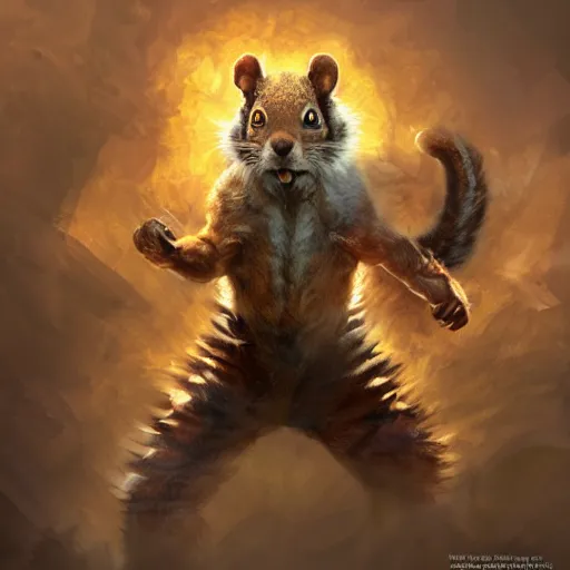 Image similar to Squirrel/tiger, ferocious, angry, magic the gathering artwork, D&D, fantasy, cinematic lighting, centered, symmetrical, highly detailed, digital painting, artstation, concept art, smooth, sharp focus, illustration, volumetric lighting, epic Composition, 8k, art by Akihiko Yoshida and Greg Rutkowski and Craig Mullins, oil painting, cgsociety