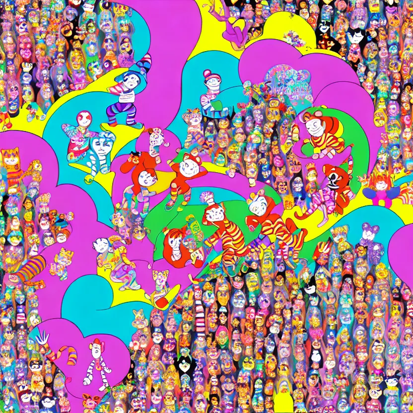 Image similar to wheres waldo, lisa frank style