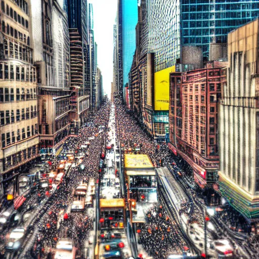 Image similar to high definition photograph, miniature effect, tilt shift effect, tilt shift lens : ( subject = new york broadway + subject detail = city street, crowded, high detail )