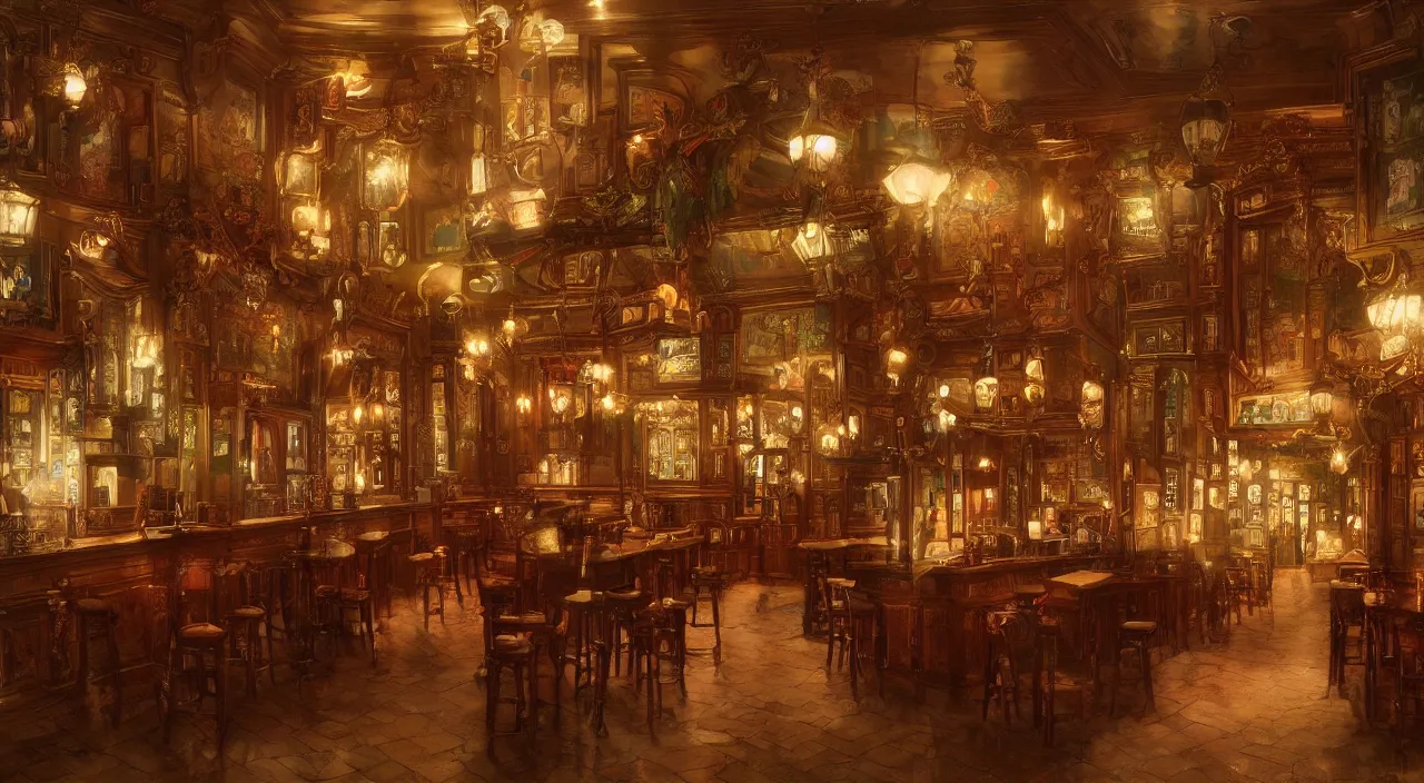 Prompt: The cheerful interior of a Victorian pub, by Randy Vargas, trending on artstation, matte painting