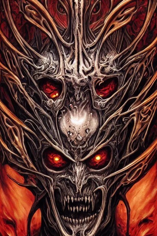 Image similar to Elden Ring and Doom themed painting of majestic crimson biomechanical necro revenant human hybrid beautiful undead angel symmetrical angry mask closeup face angry mask closeup tattoo pattern golden ratio concept, Neo-Gothic concept, infinity glyph waves, intricate artwork masterpiece, very coherent artwork, cinematic, full frontal facial features by Artgerm, art by H.R. Giger, Takato Yamamoto, Zdizslaw Beksinski, Johnatan Wayshak, Moebius, Ayami Kojima, very anatomically coherent artwork, trending on cgsociety, ultra high quality model, production quality cinema model, high detail chromatic ink outline, octane render, unreal engine 8k, hyper realism, high detail, octane render, unreal engine, 8k, High contrast